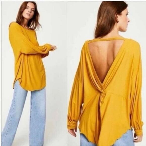 Free People Mustard Yellow Ribbed Open V Back XS Oversize Loose Fit - Picture 1 of 8